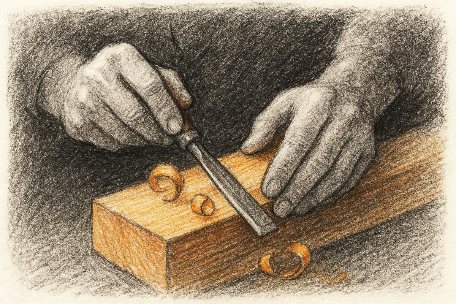 hands using chisel on wood