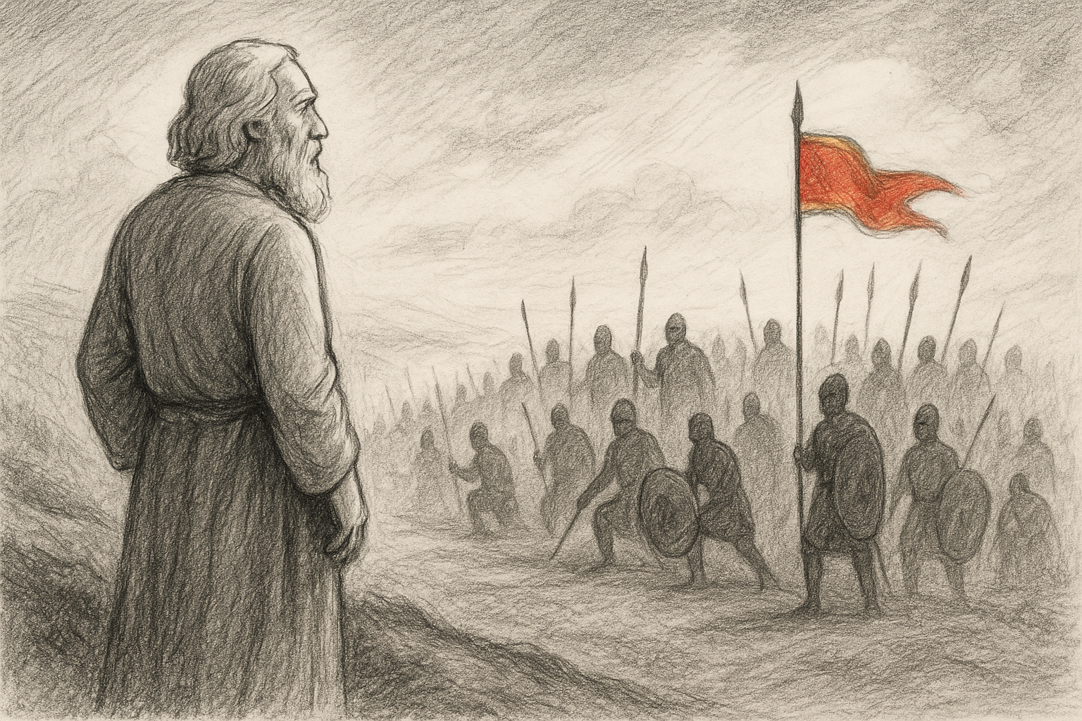 an old man looking at an army