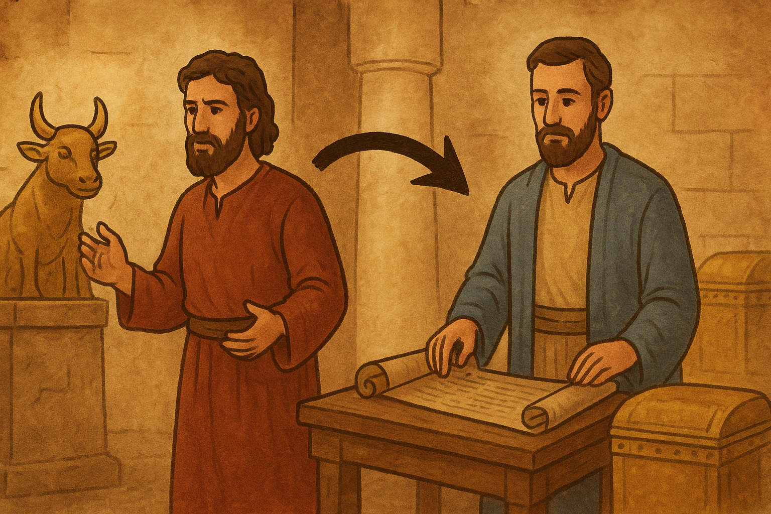 two men one by an idol another by a scroll and money box