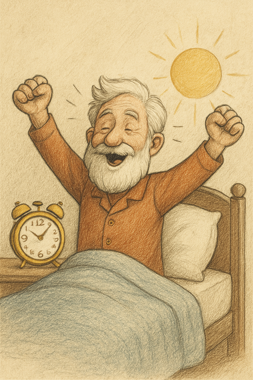 Old man waking up and stretching in bed